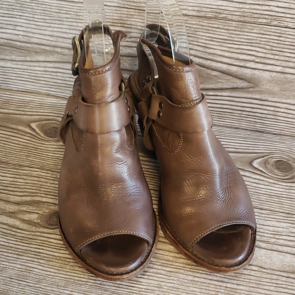 Frye Izzy Gray/brown Leather Open Toe Sling Back Harnes High Heel Booties 6 - Picture 2 of 8